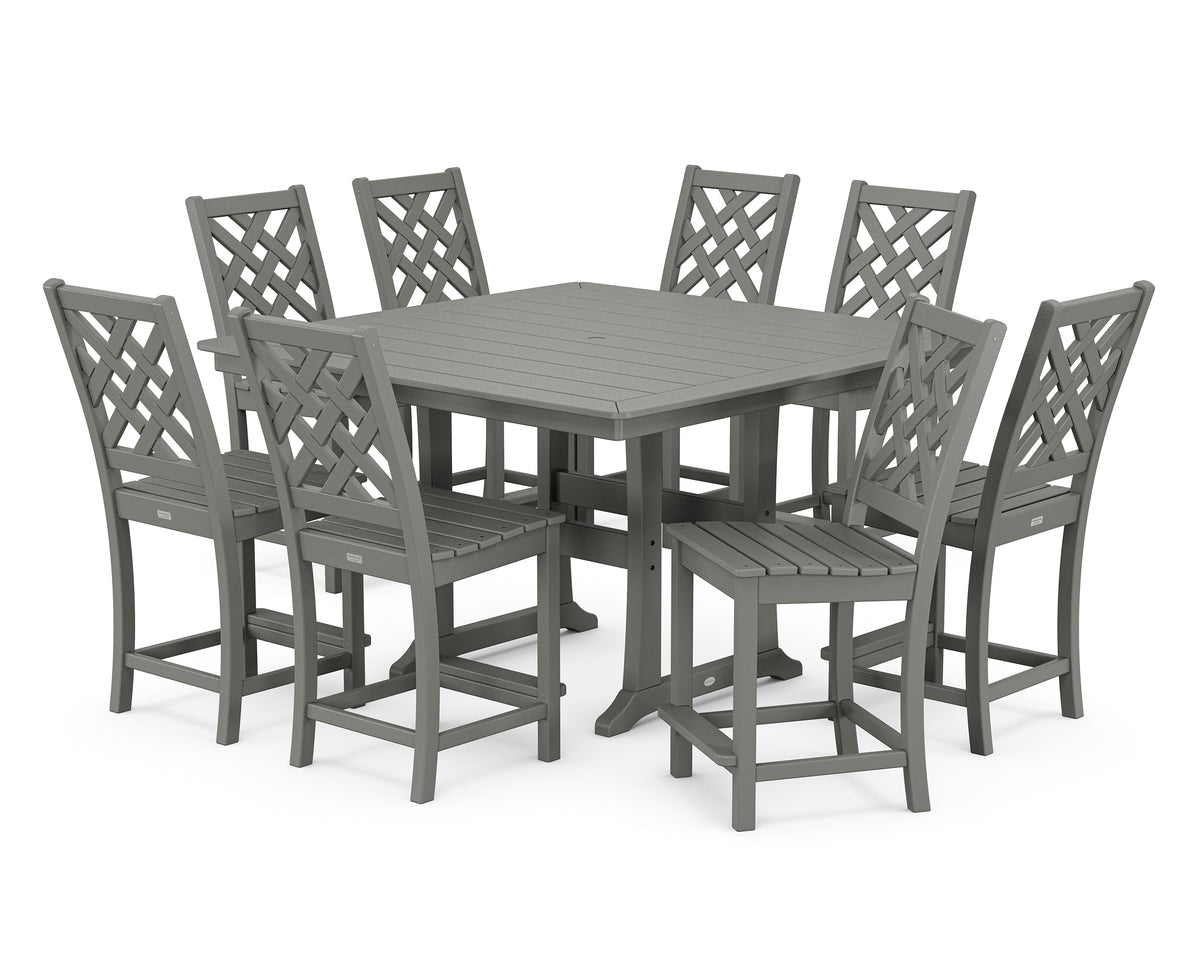 POLYWOOD Country Living Wovendale Side Chair 9-Piece Square Counter Set with Trestle Legs in Slate Grey