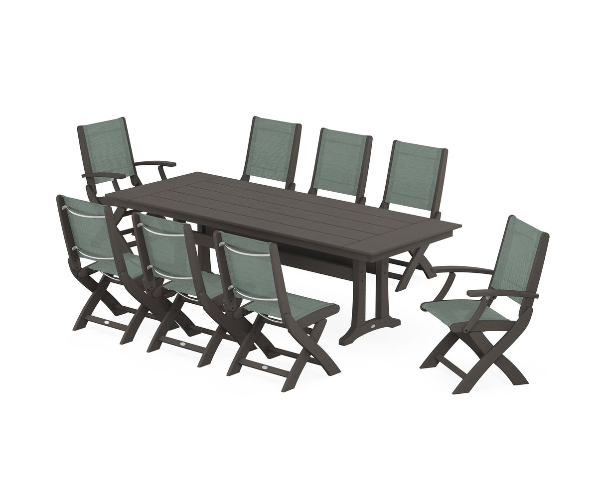 POLYWOOD Coastal 9-Piece Folding Dining Chair Farmhouse Dining Set with Trestle Legs in Vintage Coffee / Dupioni Sea Mist
