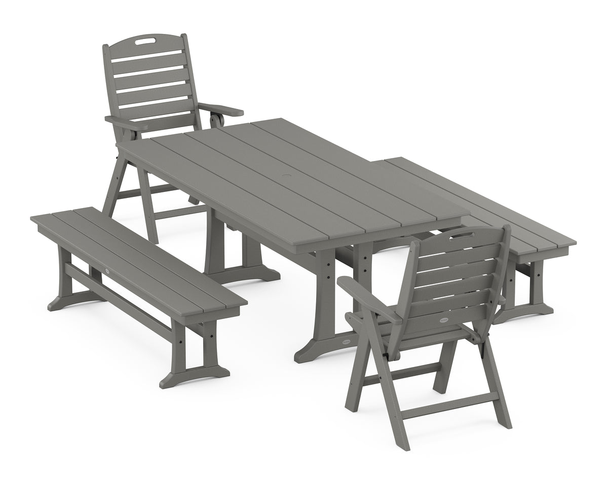 POLYWOOD Nautical Folding Highback Chair 5-Piece Farmhouse Dining Set with Trestle Legs and Benches in Slate Grey