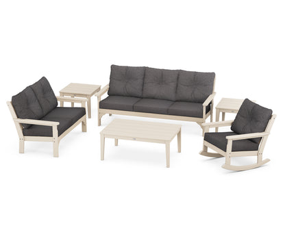 POLYWOOD Vineyard 6-Piece Deep Seating Set with Rocking Chair in Sand / Ash Charcoal