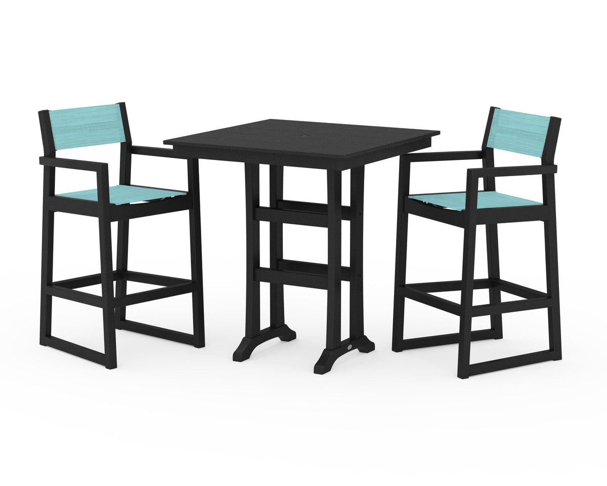 POLYWOOD EDGE Sling Arm Chair 3-Piece Farmhouse Bar Set with Trestle Legs in Black / Dupioni Aquamarine