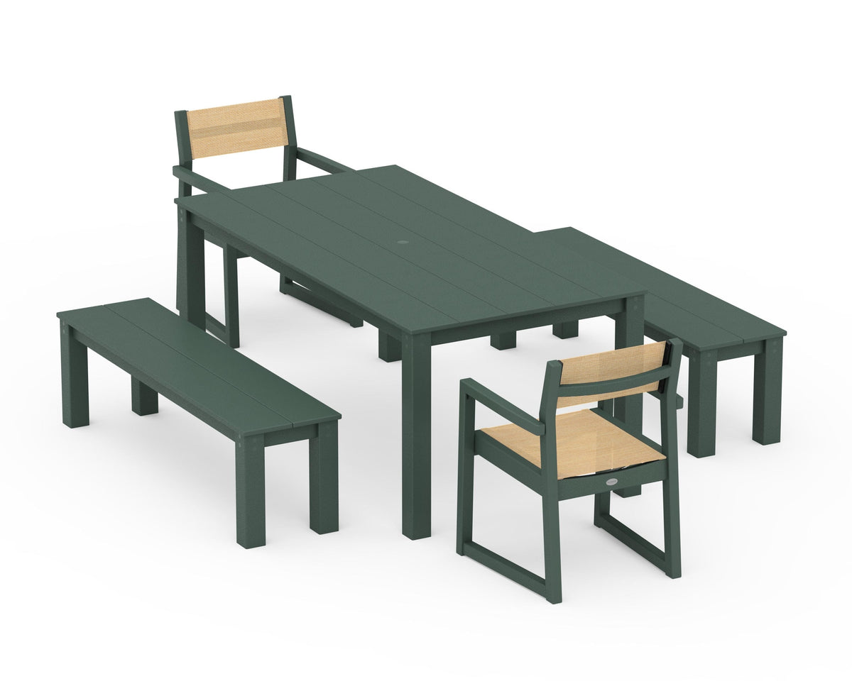 POLYWOOD EDGE Sling Arm Chair 5-Piece Parsons Dining Set with Benches in Green / Dupioni Apricot
