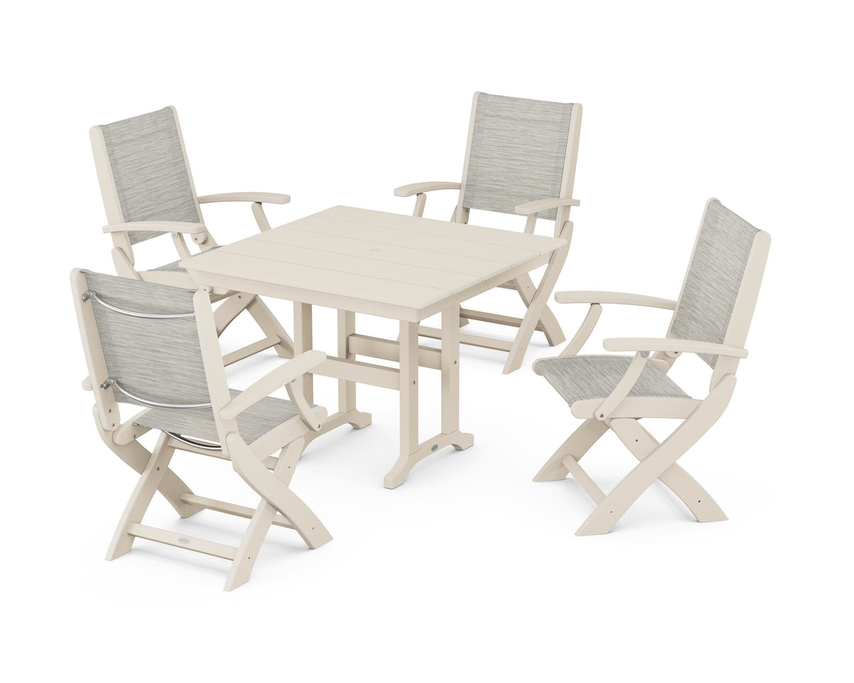 POLYWOOD Coastal Folding Chair 5-Piece Farmhouse Dining Set in Sand / Birch