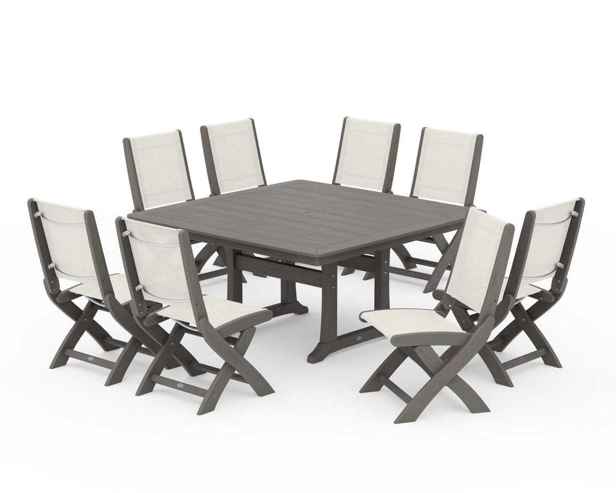 POLYWOOD Coastal Folding Side Chair 9-Piece Dining Set with Trestle Legs in Driftwood / Parchment