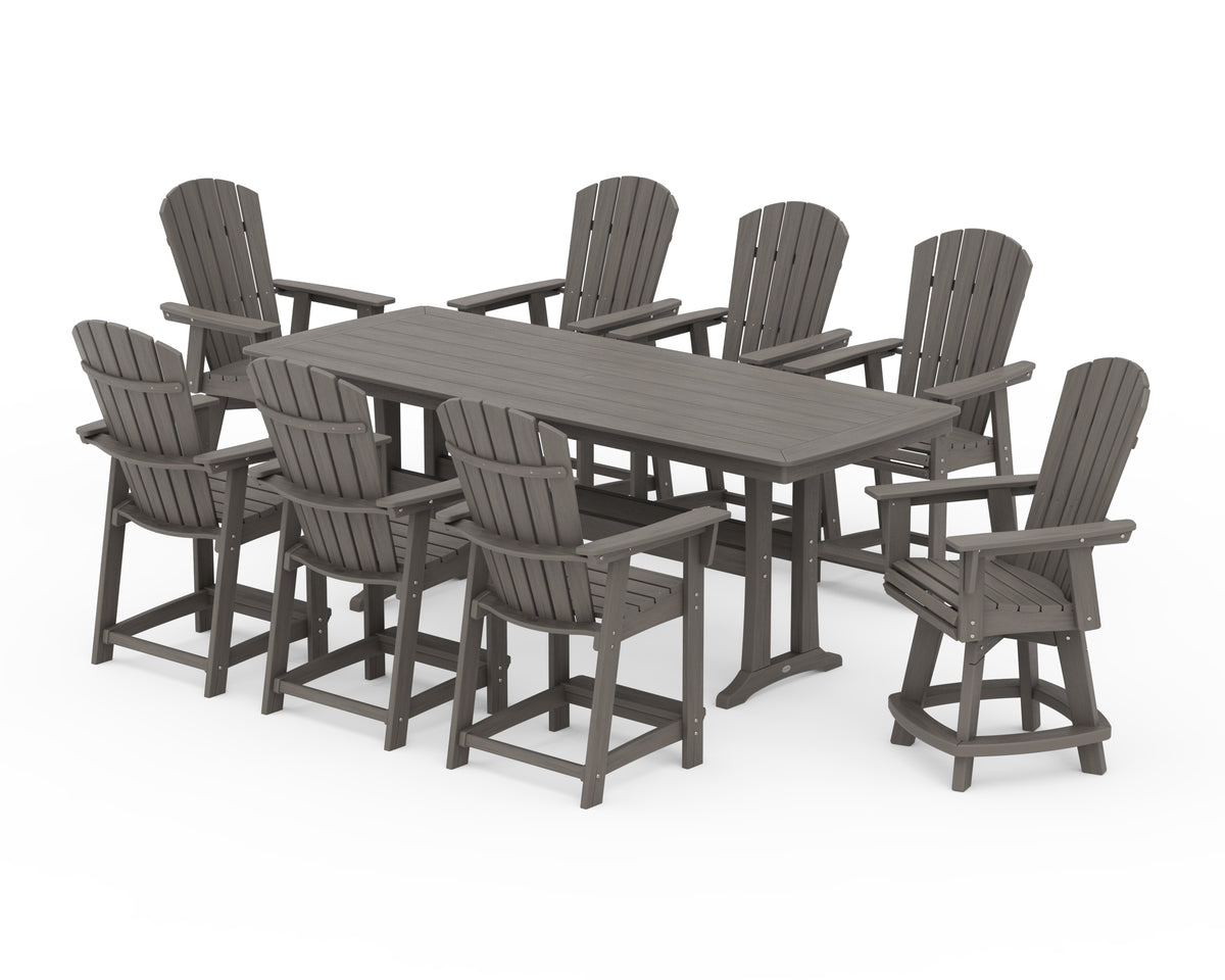 POLYWOOD Nautical Curveback Adirondack Swivel 9-Piece Counter Set with Trestle Legs in Driftwood