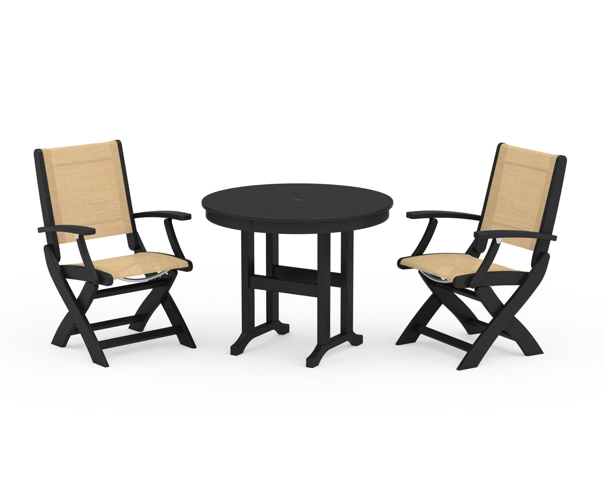 POLYWOOD Coastal Folding Chair 3-Piece Round Dining Set in Black / Dupioni Apricot