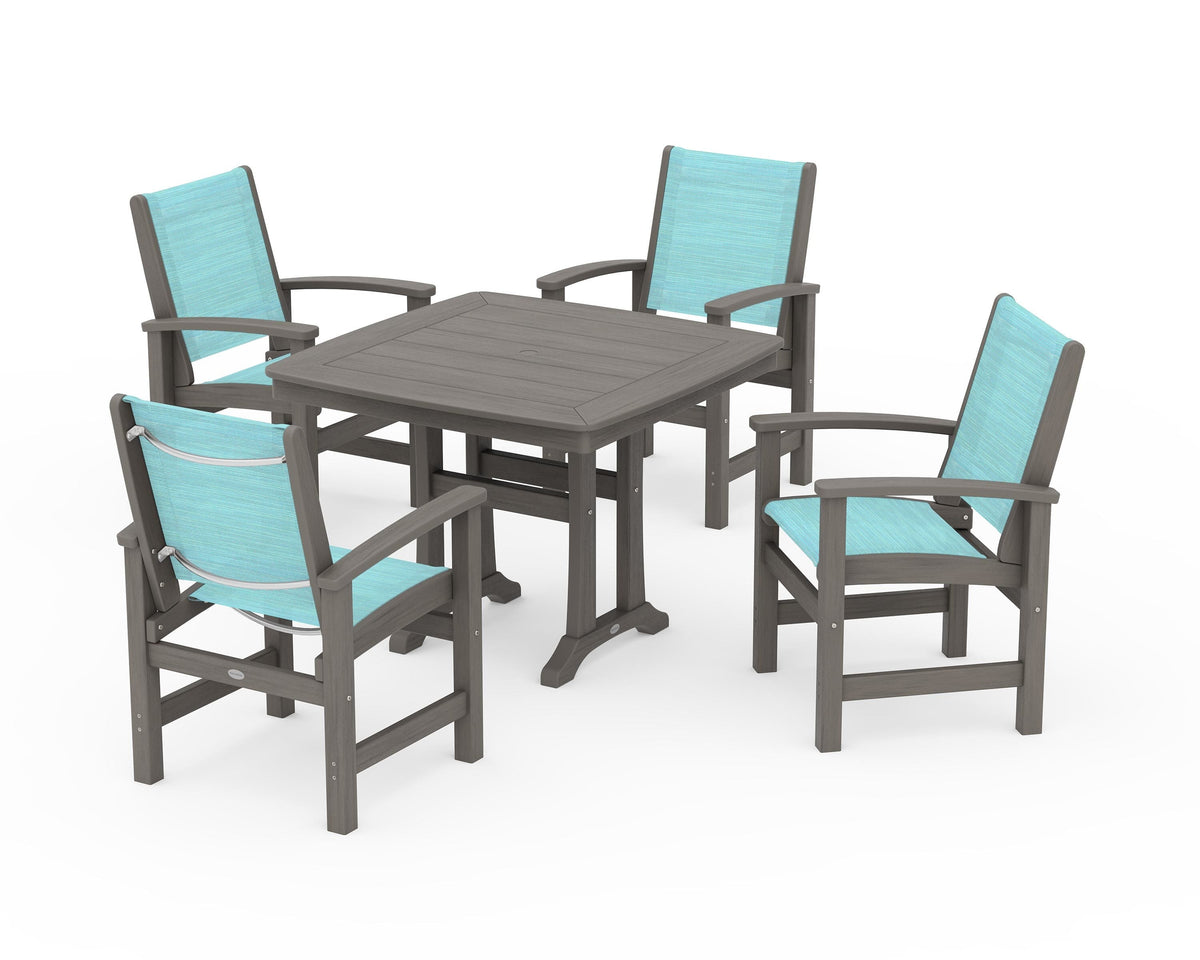 POLYWOOD Coastal 5-Piece Dining Set with Trestle Legs with Nautical Trestle 37" Dining Table in Driftwood / Dupioni Aquamarine