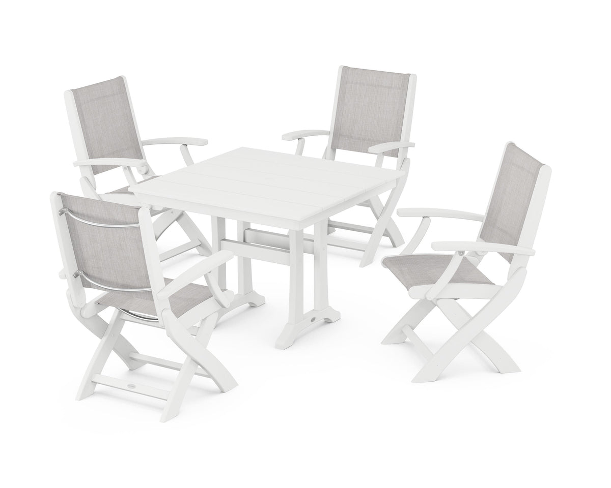 POLYWOOD Coastal Folding Chair 5-Piece Farmhouse Dining Set With Trestle Legs in White / Parchment
