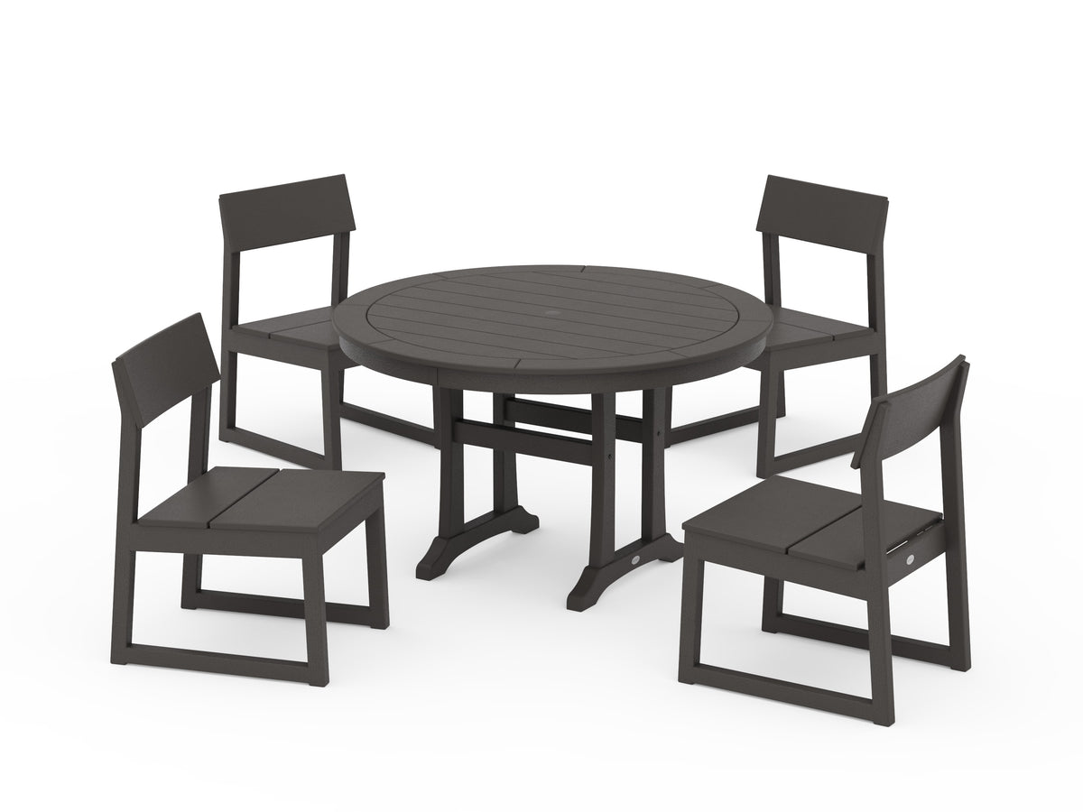 POLYWOOD EDGE Side Chair 5-Piece Round Dining Set with Trestle Legs in Vintage Coffee