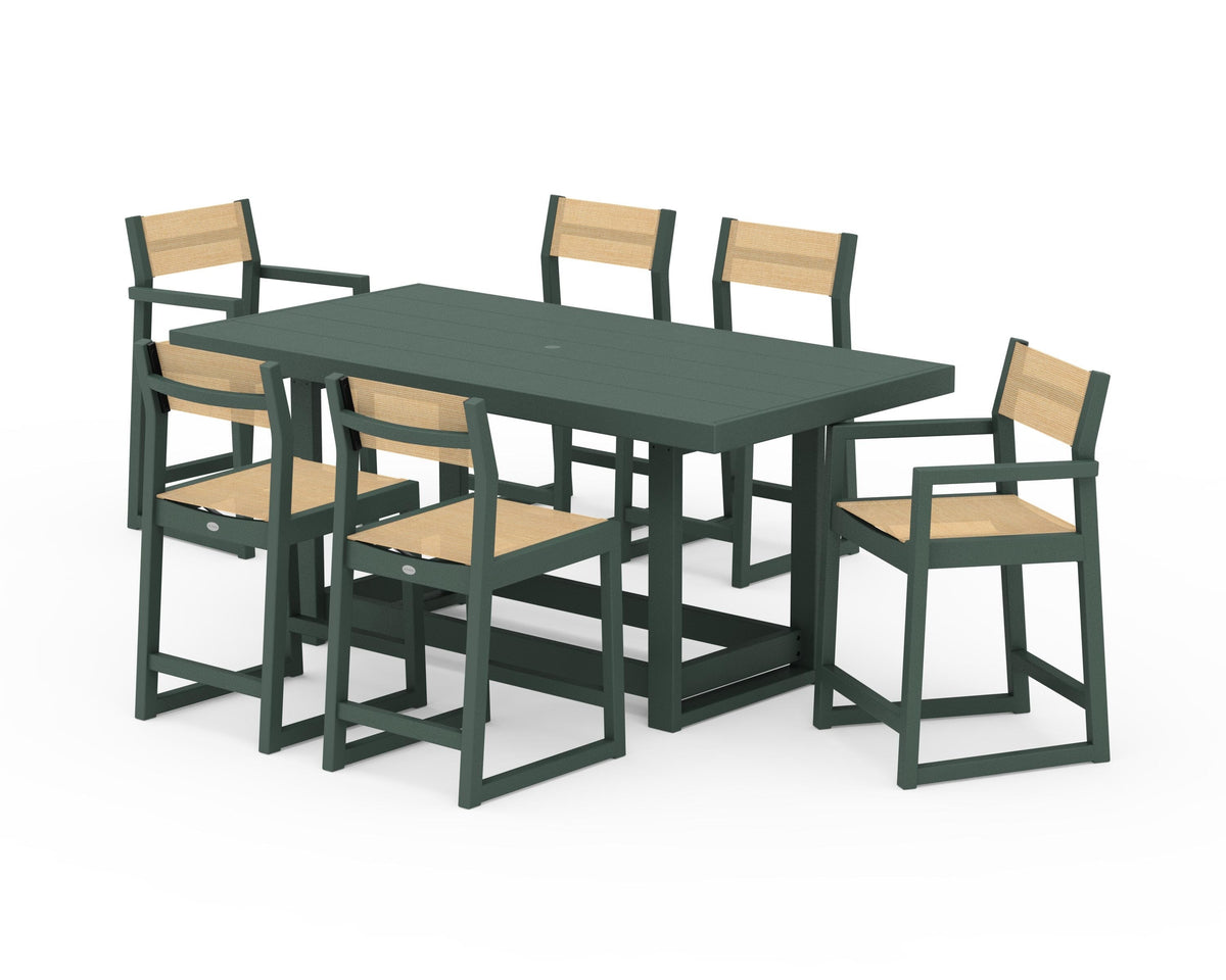 POLYWOOD EDGE Sling 7-Piece Counter Table Set in Green / Dupioni Apricot