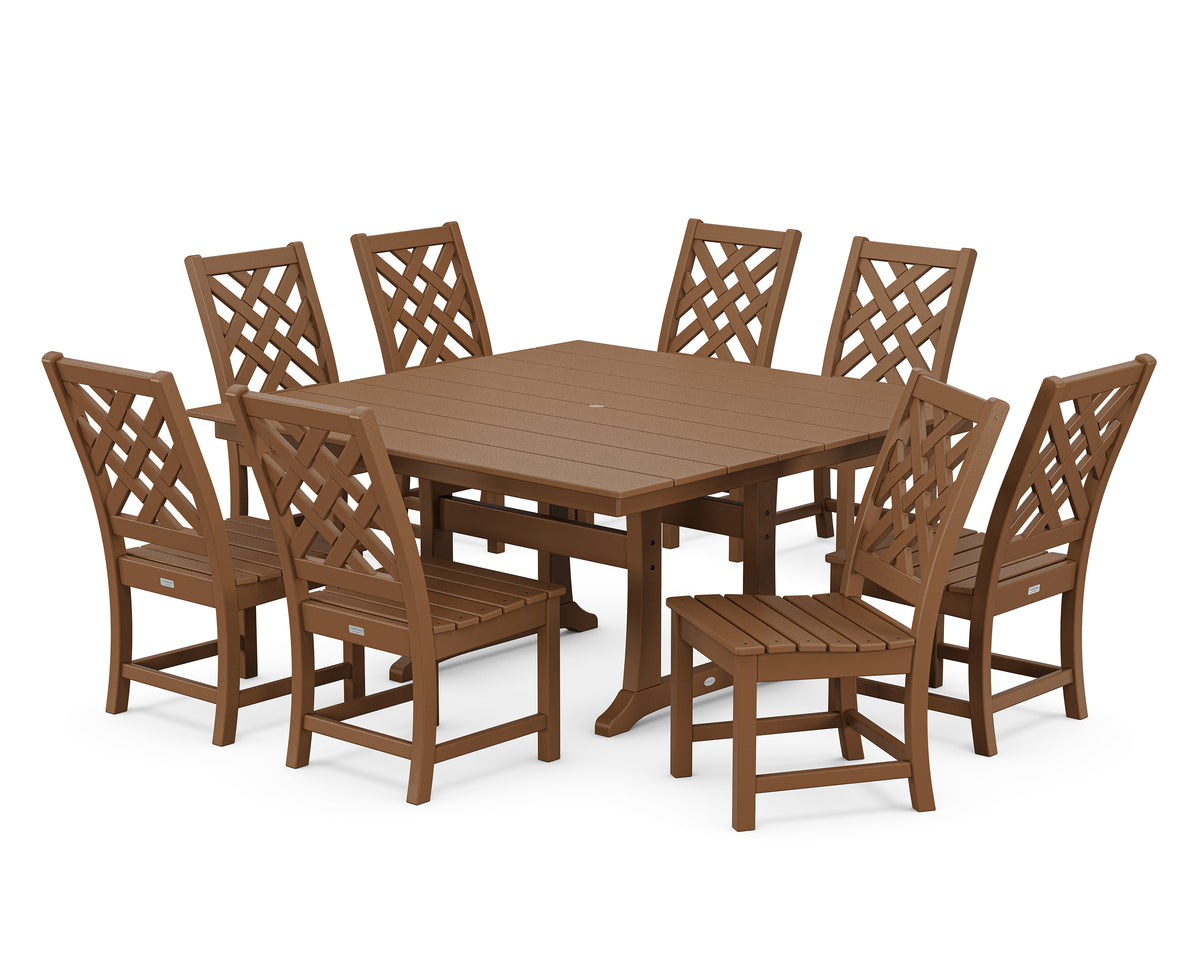 POLYWOOD Wovendale Side Chair 9-Piece Square Farmhouse Dining Set with Trestle Legs in Teak
