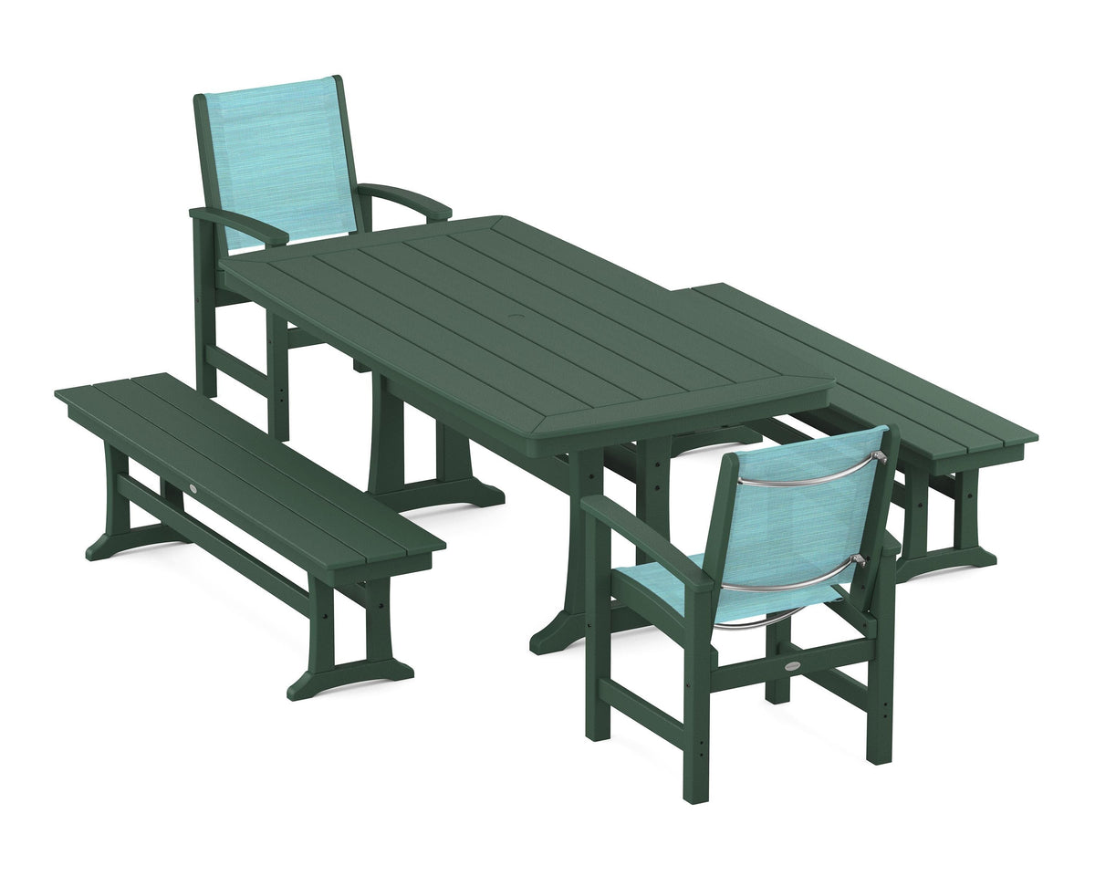 POLYWOOD Coastal 5-Piece Dining Set with Trestle Legs and Benches in Green / Dupioni Aquamarine