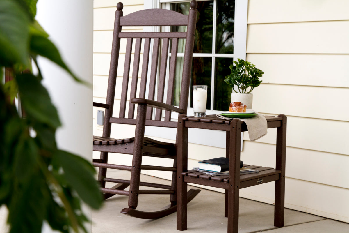 Feature close-up of the POLYWOOD Jefferson Rocking Chair in Mahogany