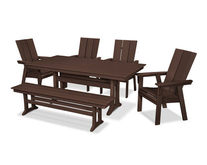 POLYWOOD Modern Curveback Adirondack 6-Piece Farmhouse Dining Set with Trestle Legs and Bench - 37" x 72" Table in Mahogany