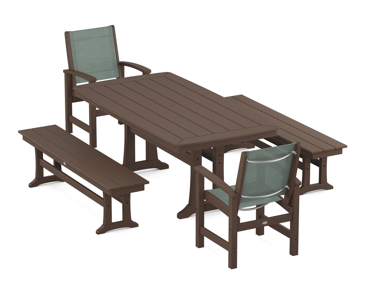 POLYWOOD Coastal 5-Piece Dining Set with Trestle Legs and Benches in Mahogany / Dupioni Sea Mist