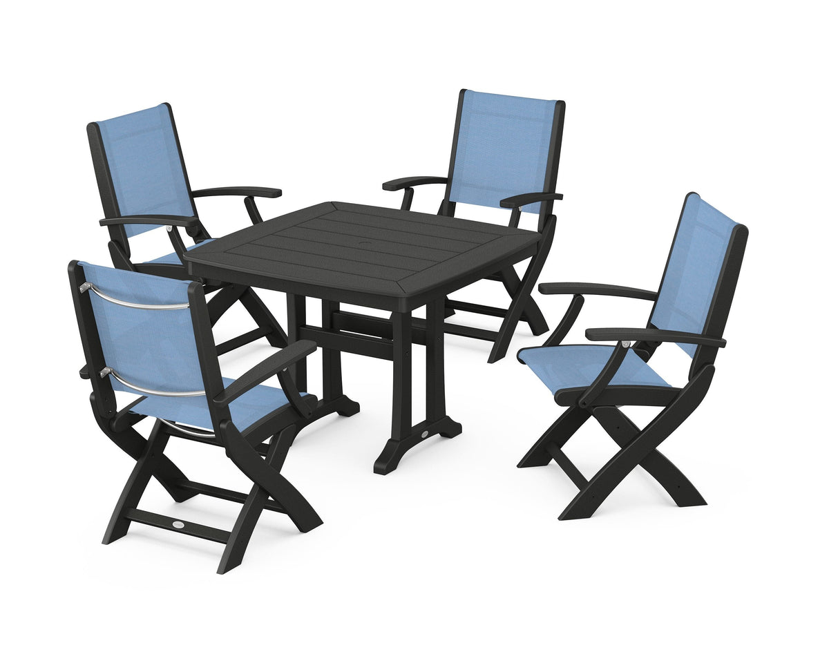 POLYWOOD Coastal Folding Chair 5-Piece Dining Set with Trestle Legs in Black / Poolside
