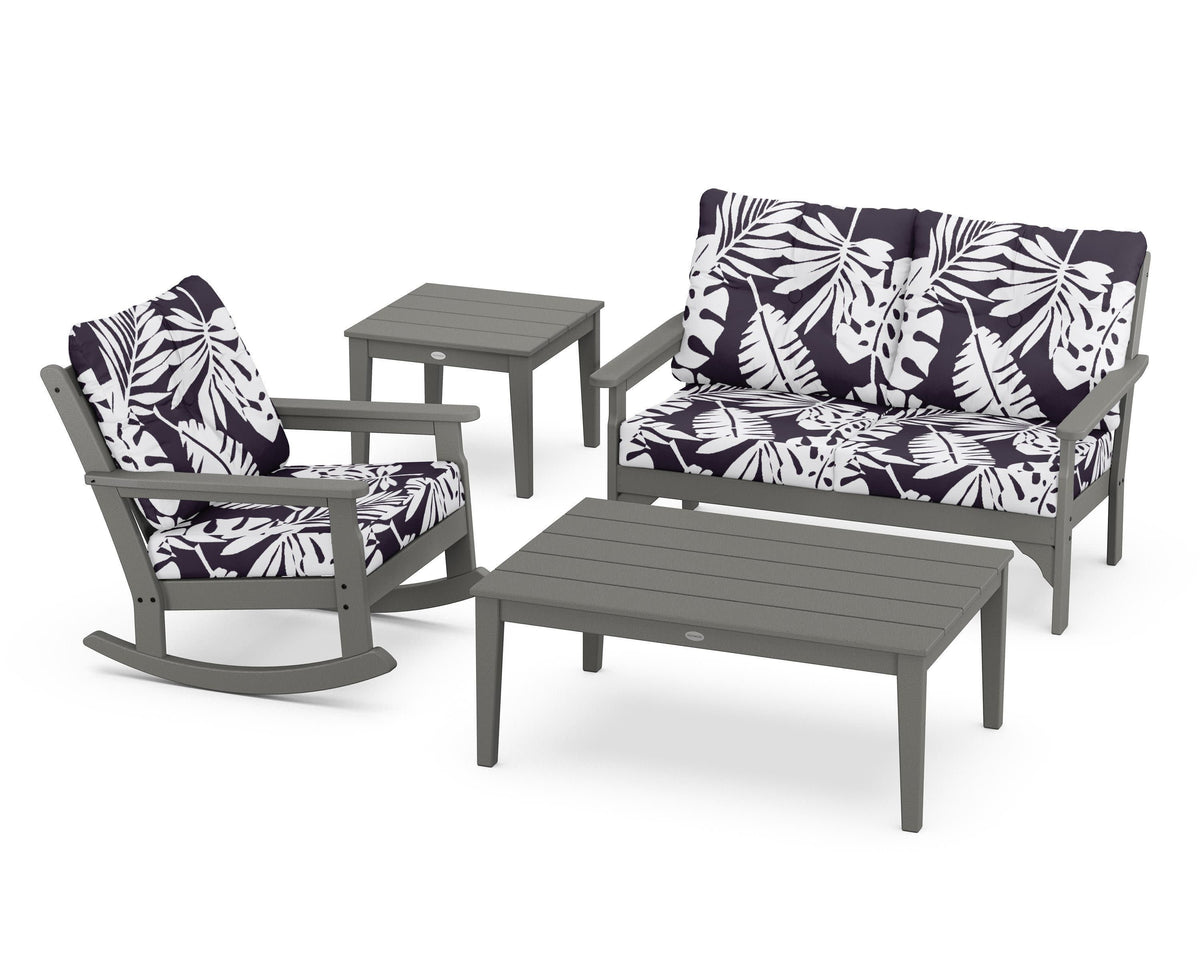 POLYWOOD Vineyard 4-Piece Deep Seating Rocker Set in Slate Grey / Leaf Navy