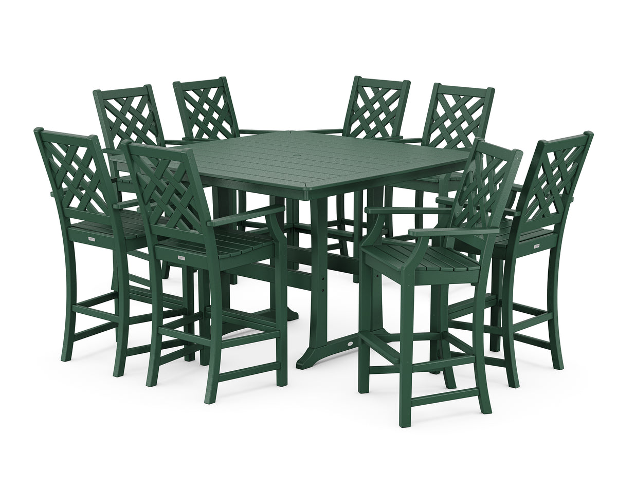 POLYWOOD Country Living Wovendale 9-Piece Square Bar Set with Trestle Legs in Green