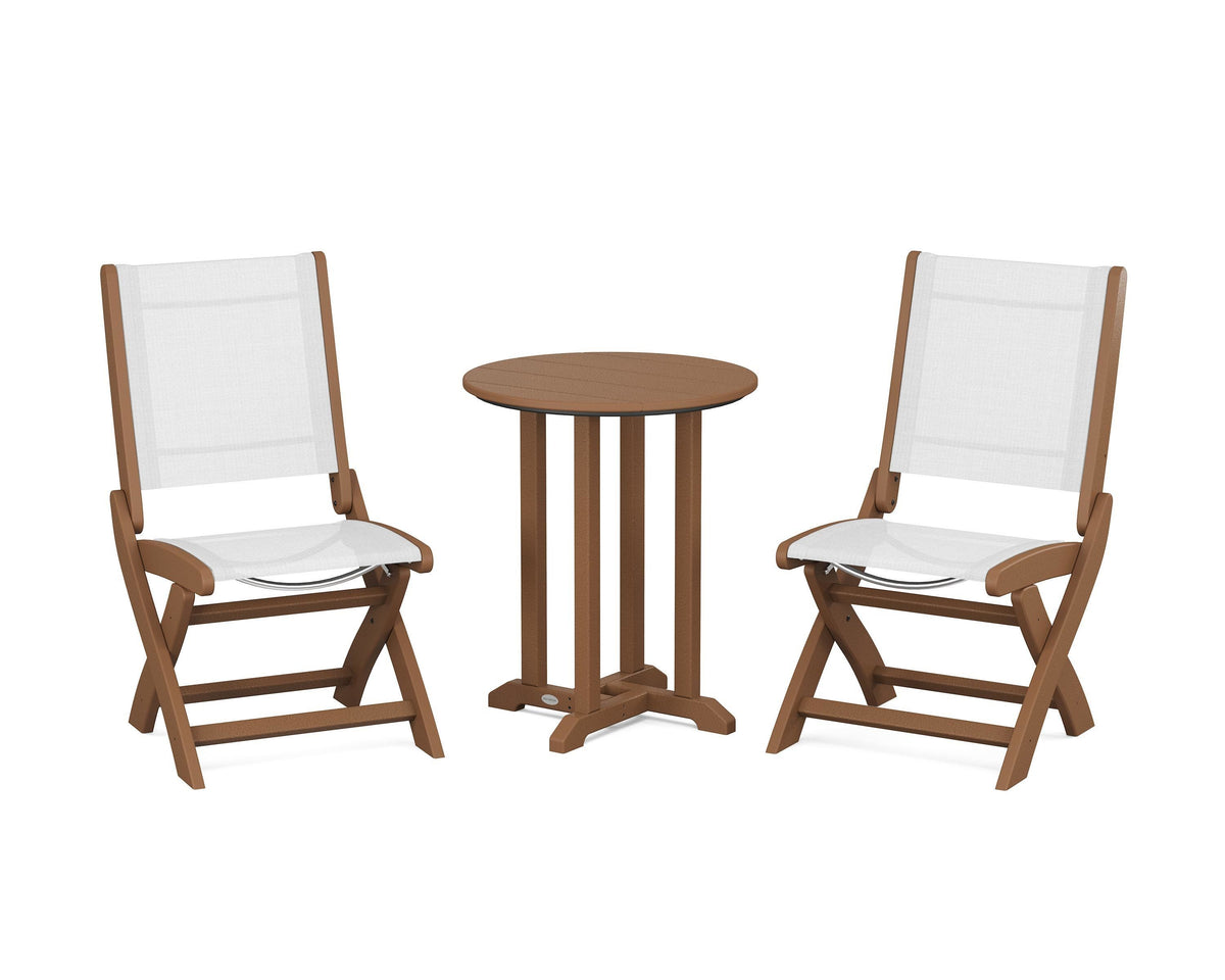 POLYWOOD Coastal Folding Side Chair 3-Piece Round Bistro Dining Set in Teak / White