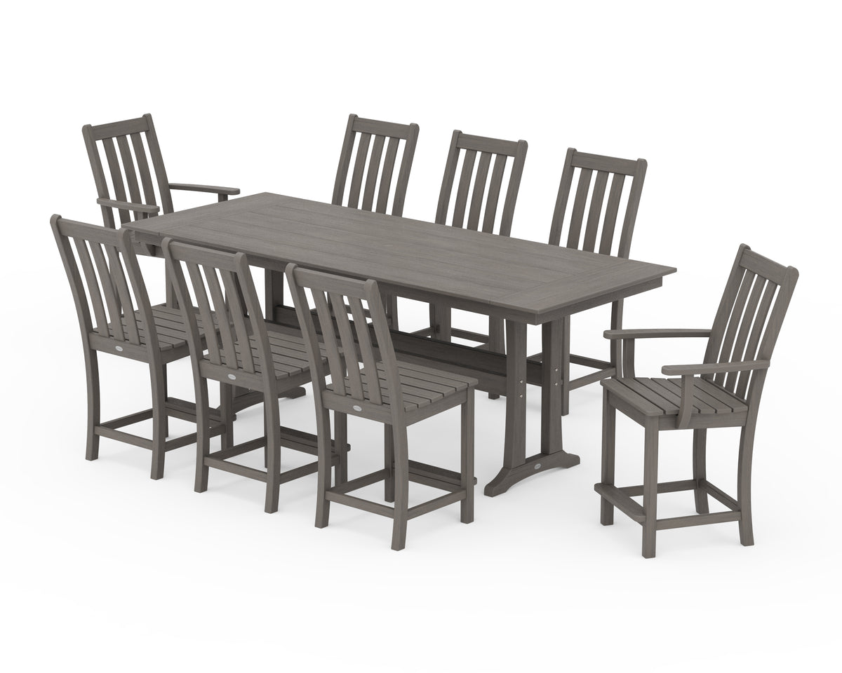 POLYWOOD Vineyard 9-Piece Farmhouse Counter Set with Trestle Legs in Driftwood