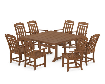 POLYWOOD Cottage 9-Piece Square Farmhouse Dining Set with Trestle Legs in Teak