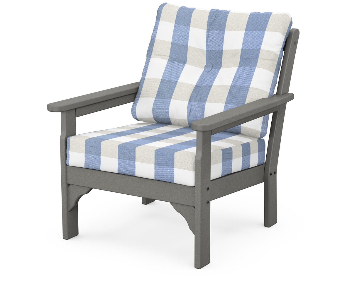 POLYWOOD Vineyard Deep Seating Chair in Slate Grey / Buffalo Plaid Sky Blue