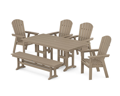 POLYWOOD Nautical Curveback Adirondack 6-Piece Farmhouse Dining Set with Bench in Vintage Sahara