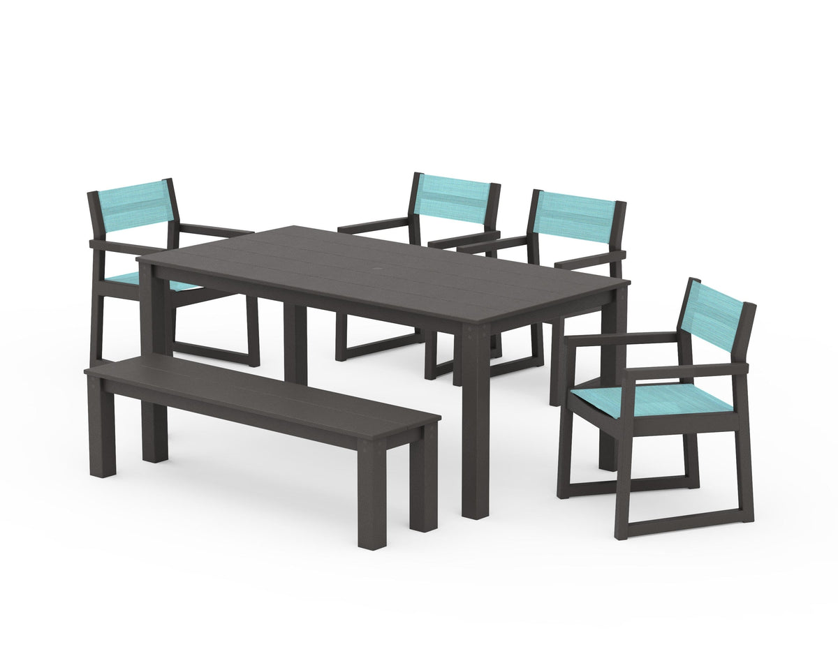 POLYWOOD EDGE Sling Arm Chair 6-Piece Parsons Dining Set with Bench in Vintage Coffee / Dupioni Aquamarine