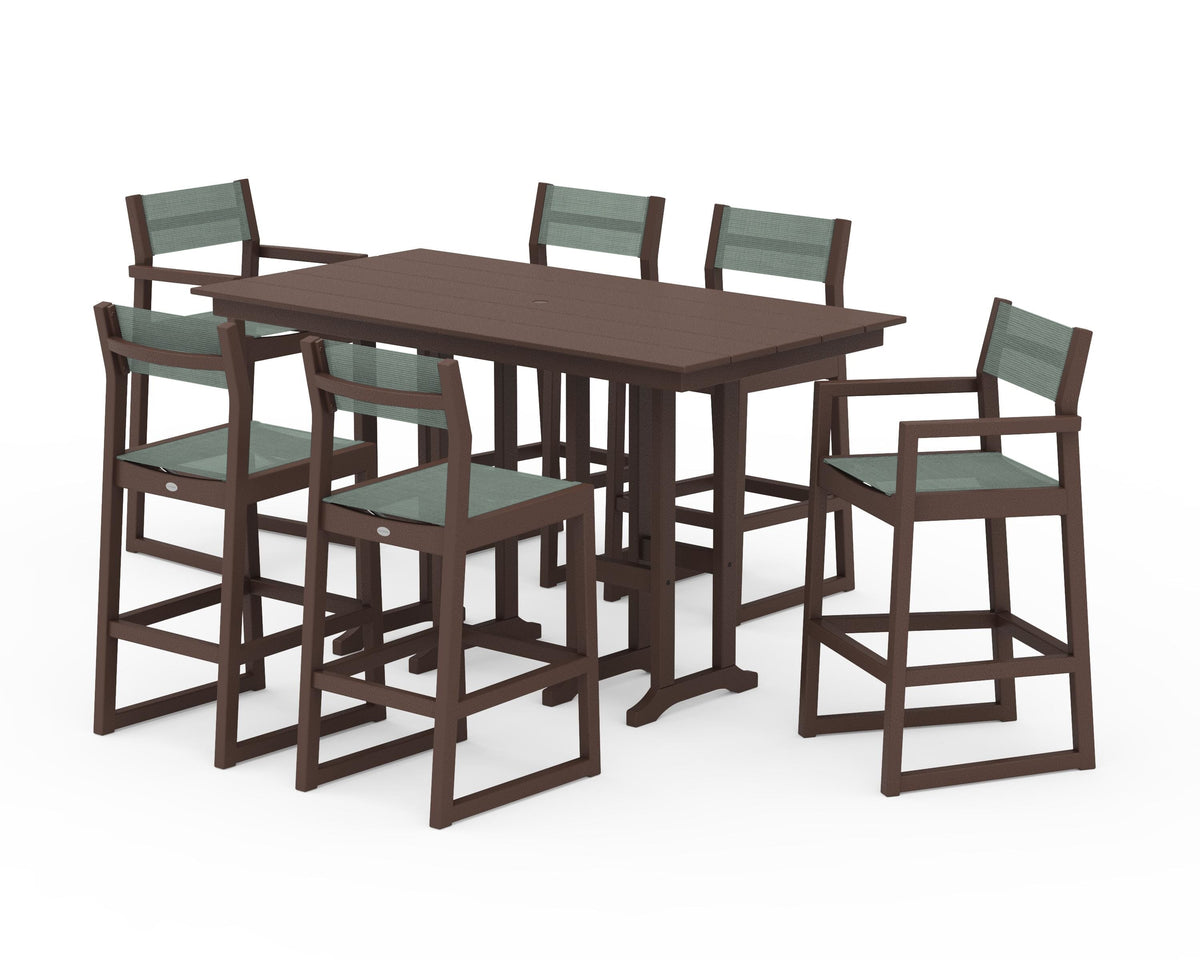 POLYWOOD EDGE Sling 7-Piece Farmhouse Bar Set in Mahogany / Dupioni Sea Mist