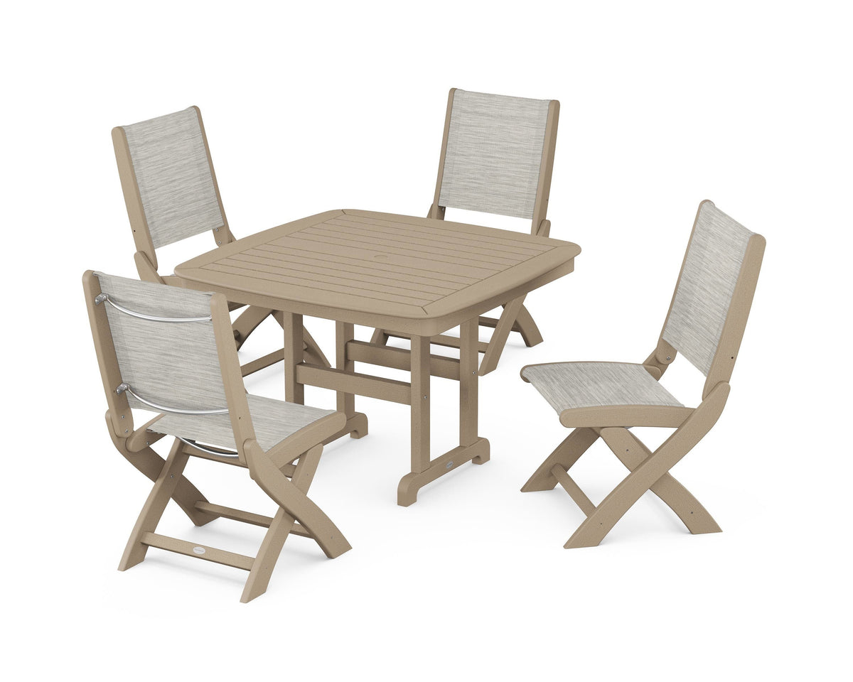 POLYWOOD Coastal Folding Side Chair 5-Piece Dining Set with Nautical 44" Dining Table in Vintage Sahara / Birch