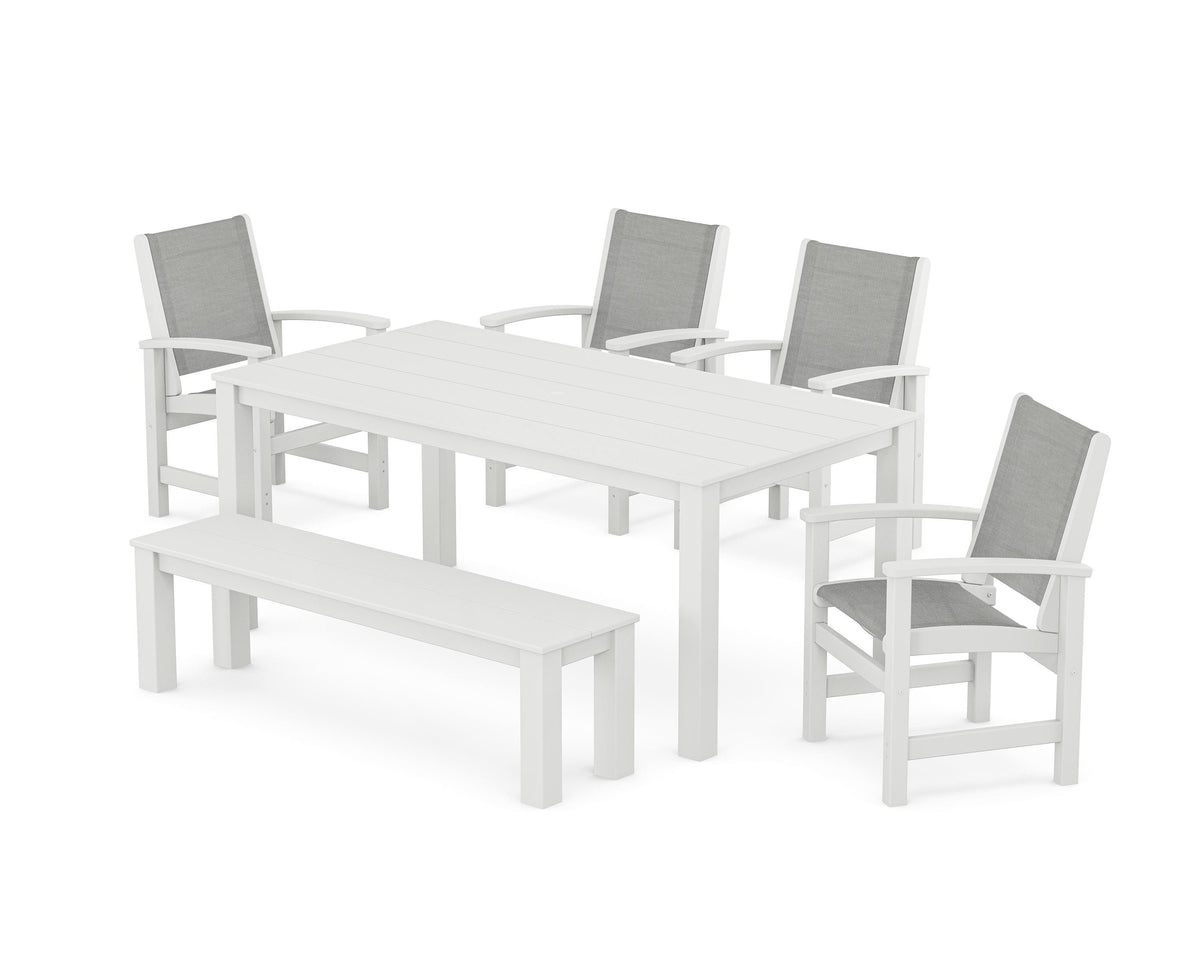 POLYWOOD Coastal 6-Piece Parsons Dining Set with Bench in White / Metallic