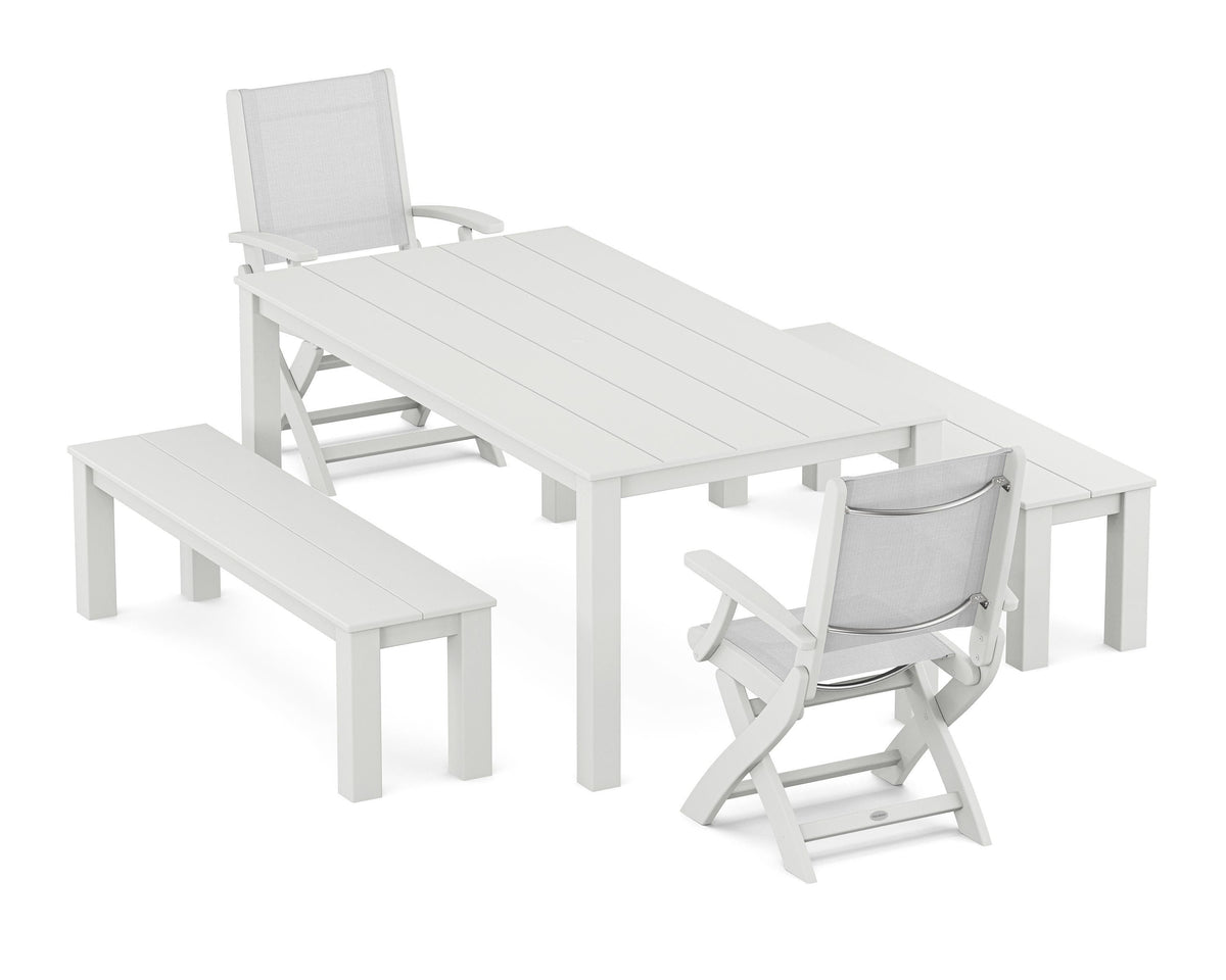 POLYWOOD Coastal Folding Chair 5-Piece Parsons Dining Set with Benches in White / White