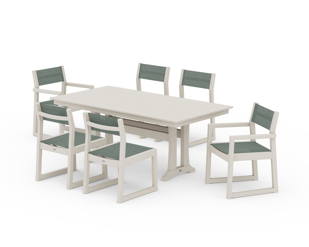 POLYWOOD EDGE Sling 7-Piece Farmhouse Trestle Dining Set in Sand / Dupioni Sea Mist