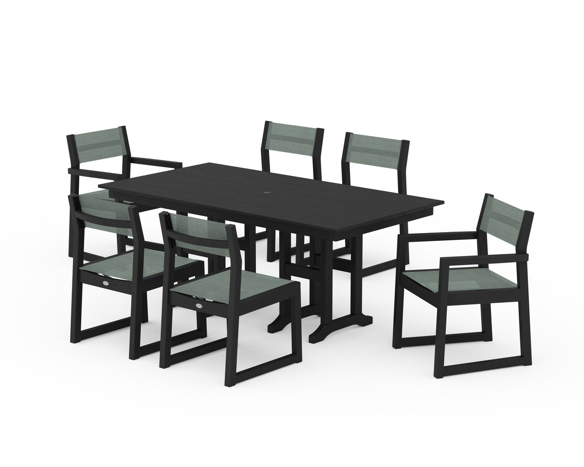 POLYWOOD EDGE Sling 7-Piece Farmhouse Dining Set in Black / Dupioni Sea Mist