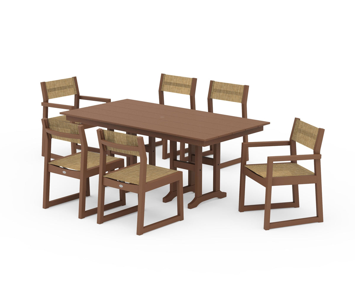 POLYWOOD EDGE Sling 7-Piece Farmhouse Dining Set in Teak / Burlap