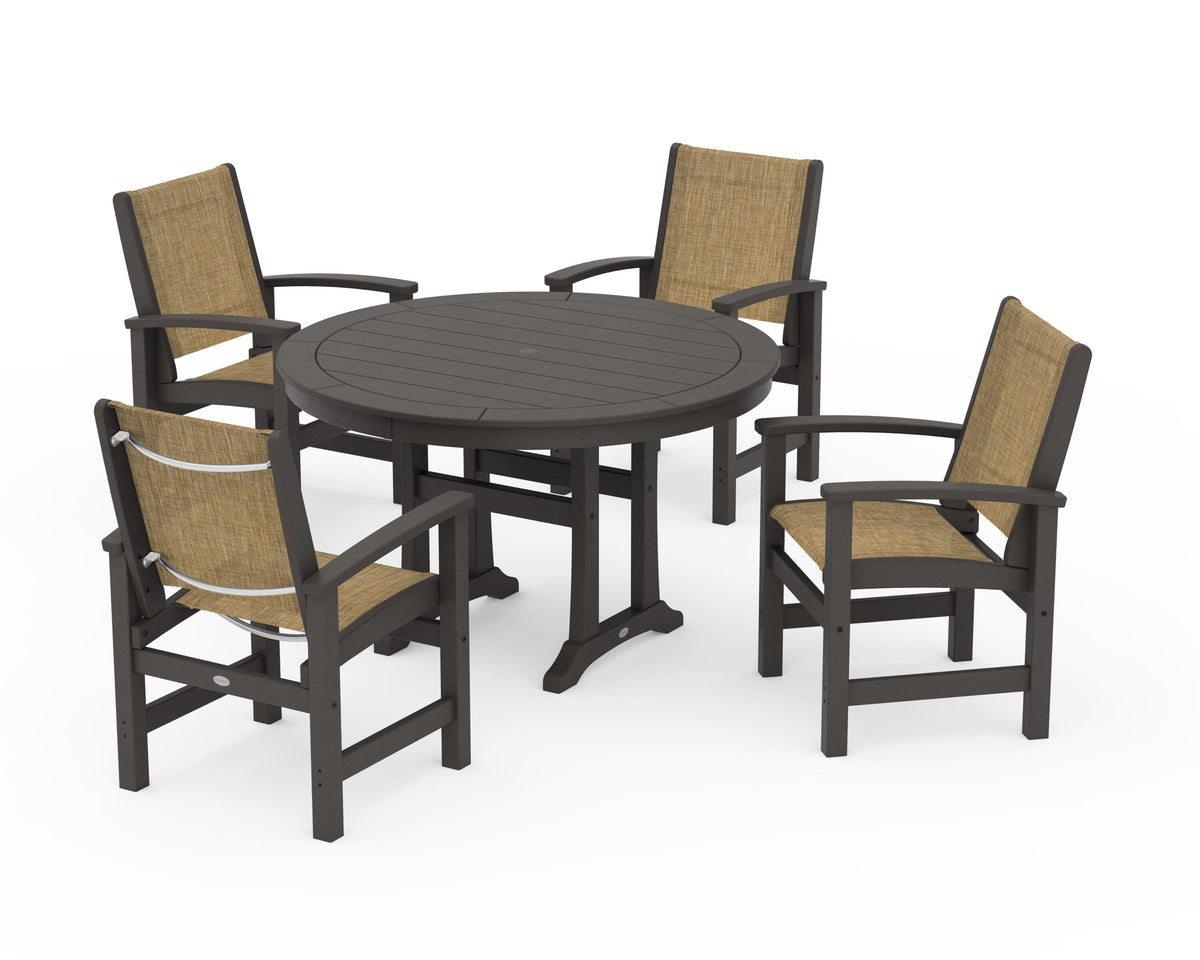 POLYWOOD Coastal 5-Piece Round Dining Set with Trestle Legs in Vintage Coffee / Burlap