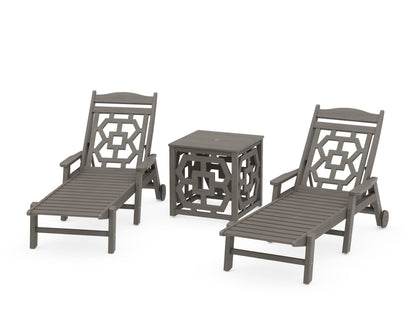 POLYWOOD Chinoiserie 3-Piece Chaise Set with Umbrella Stand Accent Table in Driftwood