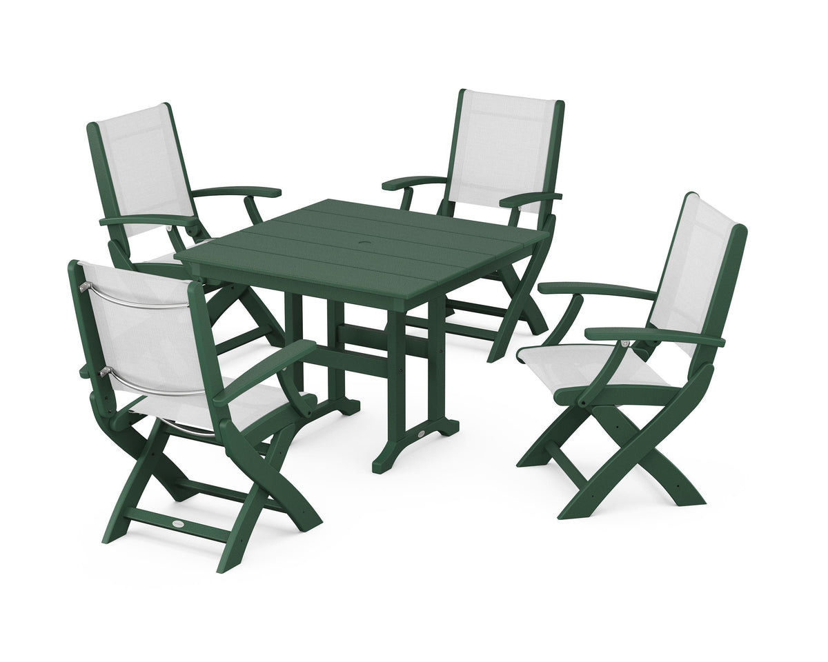 POLYWOOD Coastal Folding Chair 5-Piece Farmhouse Dining Set in Green / White
