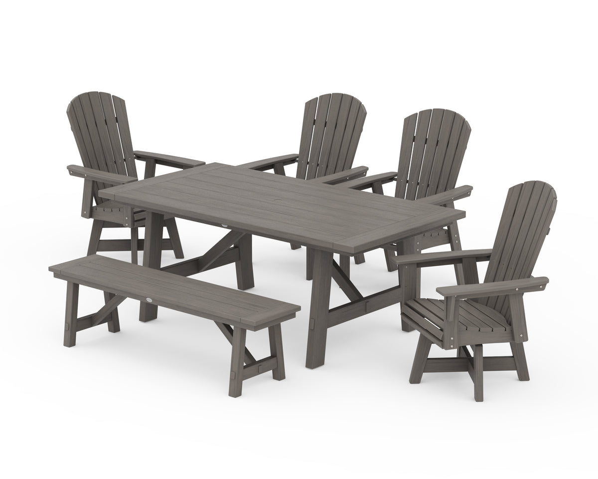 POLYWOOD Nautical Adirondack Swivel 6-Piece Rustic Farmhouse Dining Set with Trestle Legs in Driftwood