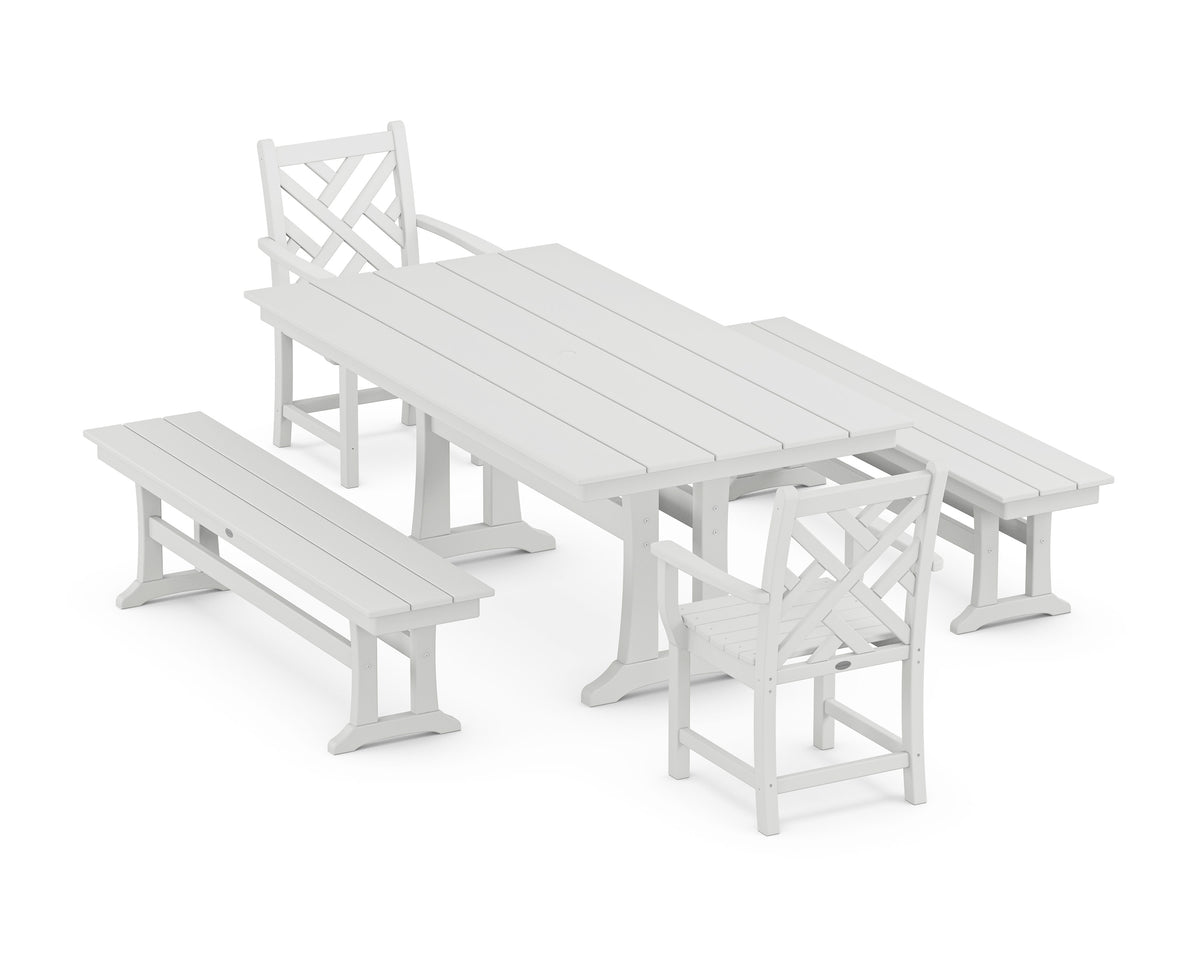 POLYWOOD Chippendale 5-Piece Farmhouse Dining Set with Trestle Legs in White
