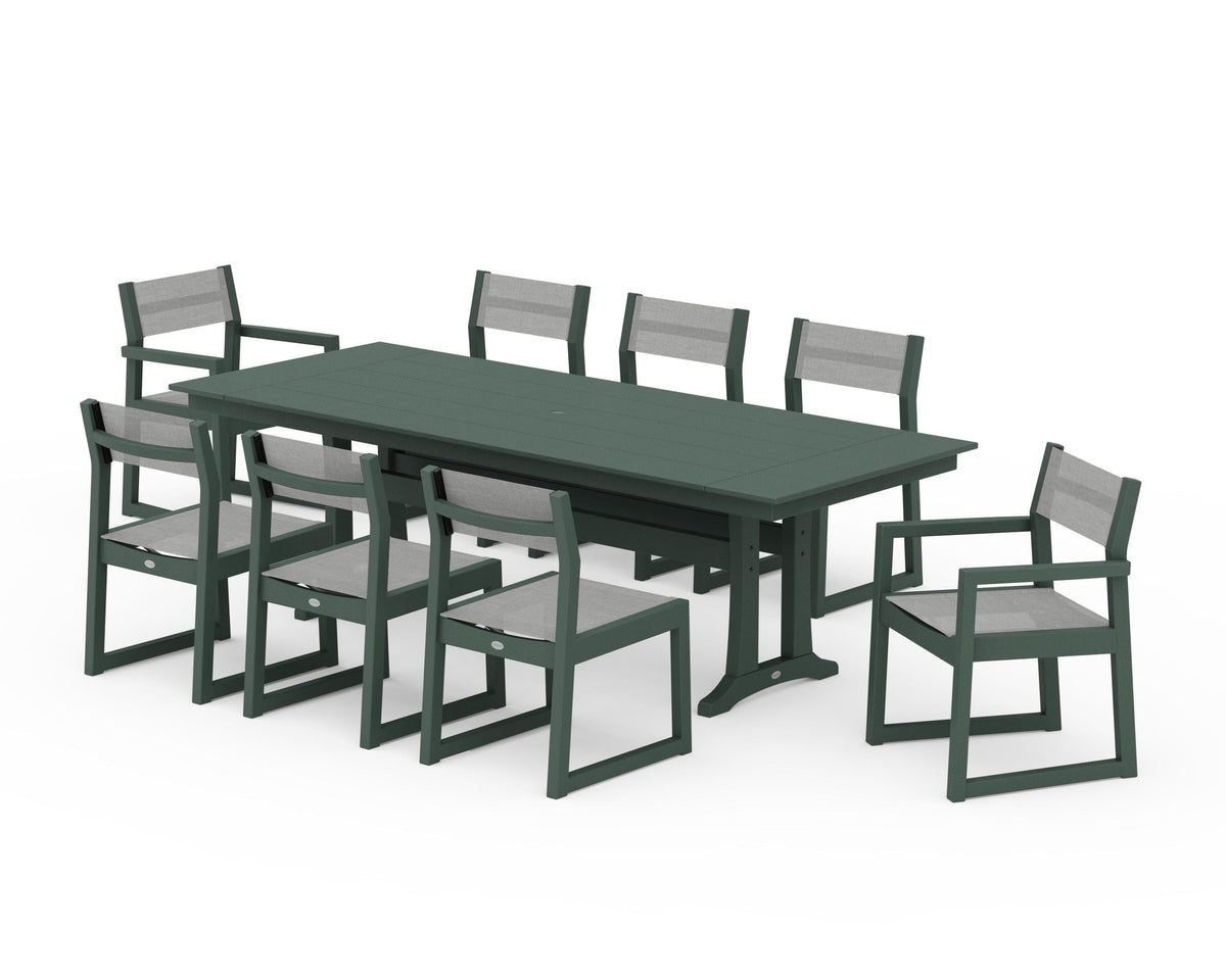 POLYWOOD EDGE Sling 9-Piece Farmhouse Trestle Dining Set in Green / Metallic