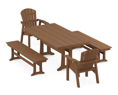 POLYWOOD Seashell 5-Piece Farmhouse Dining Set with Trestle Legs - 37" x 72" Table in Teak