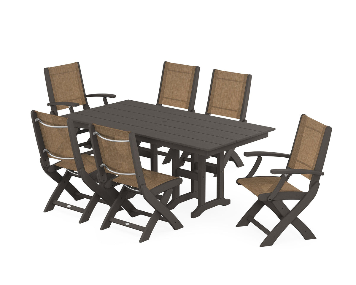 POLYWOOD Coastal Folding Chair 7-Piece Farmhouse Dining Set in Vintage Coffee / Burlap