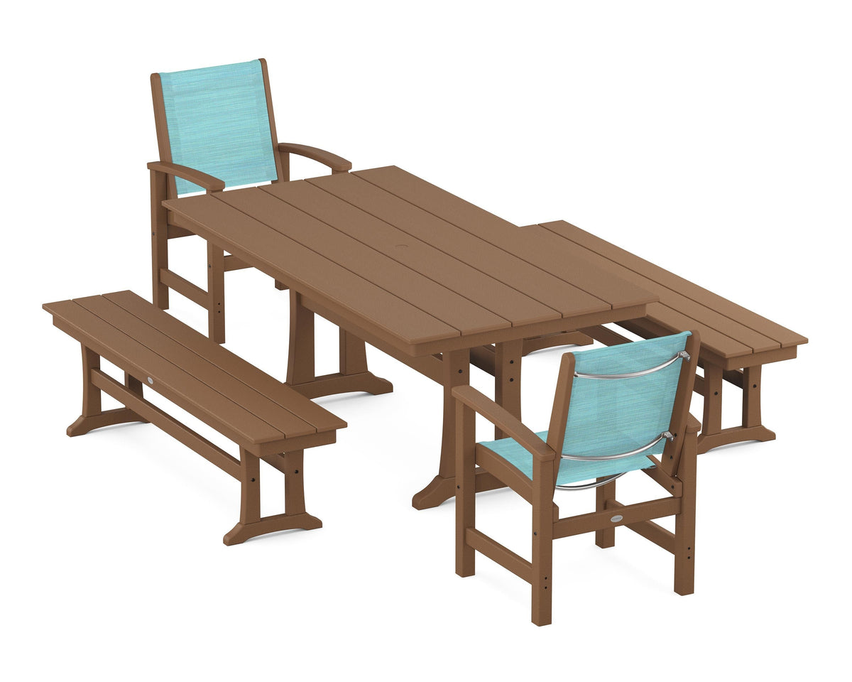 POLYWOOD Coastal 5-Piece Farmhouse Dining Set with Trestle Legs and Benches in Teak / Dupioni Aquamarine