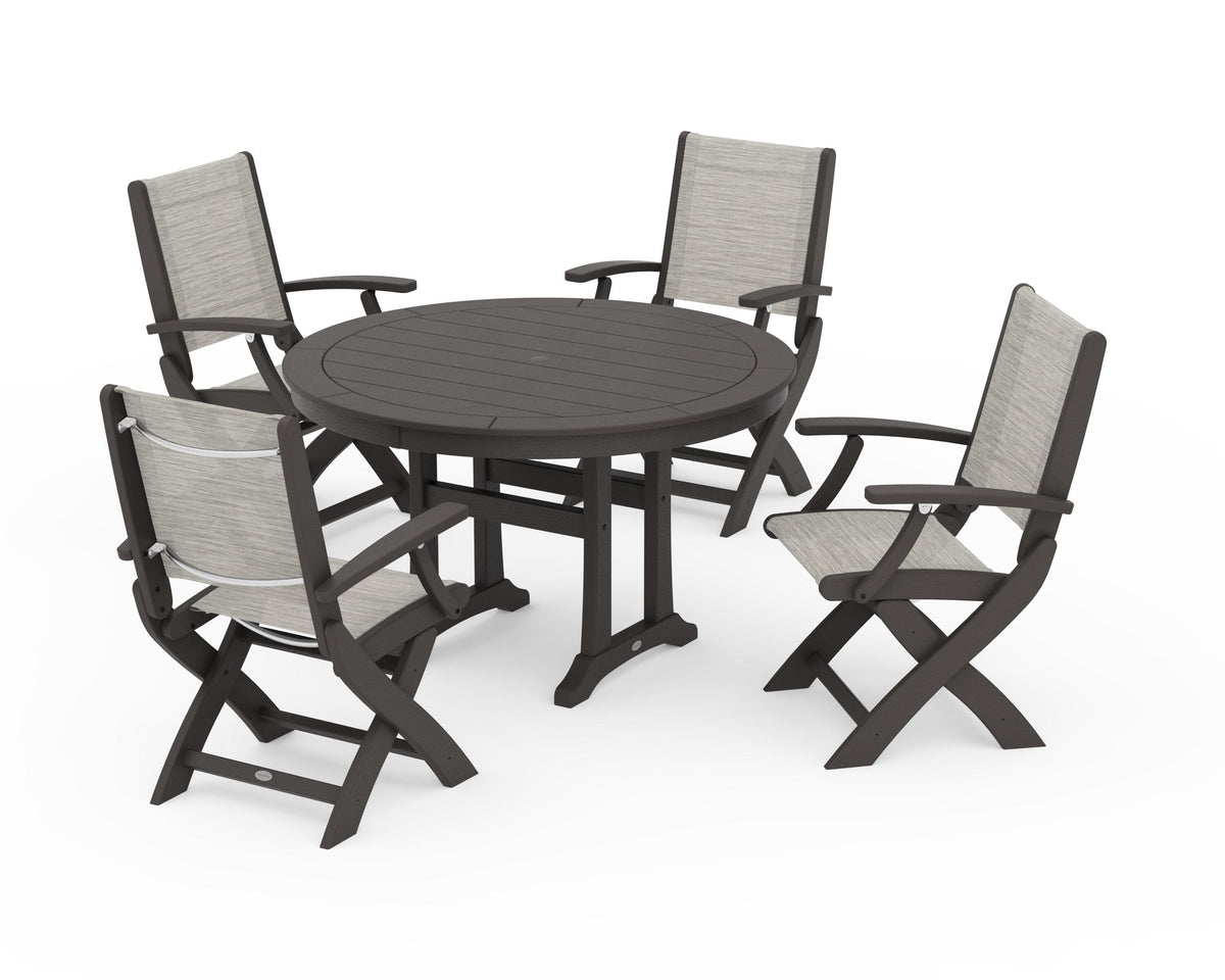 POLYWOOD Coastal Folding Chair 5-Piece Round Dining Set with Trestle Legs in Vintage Coffee / Birch