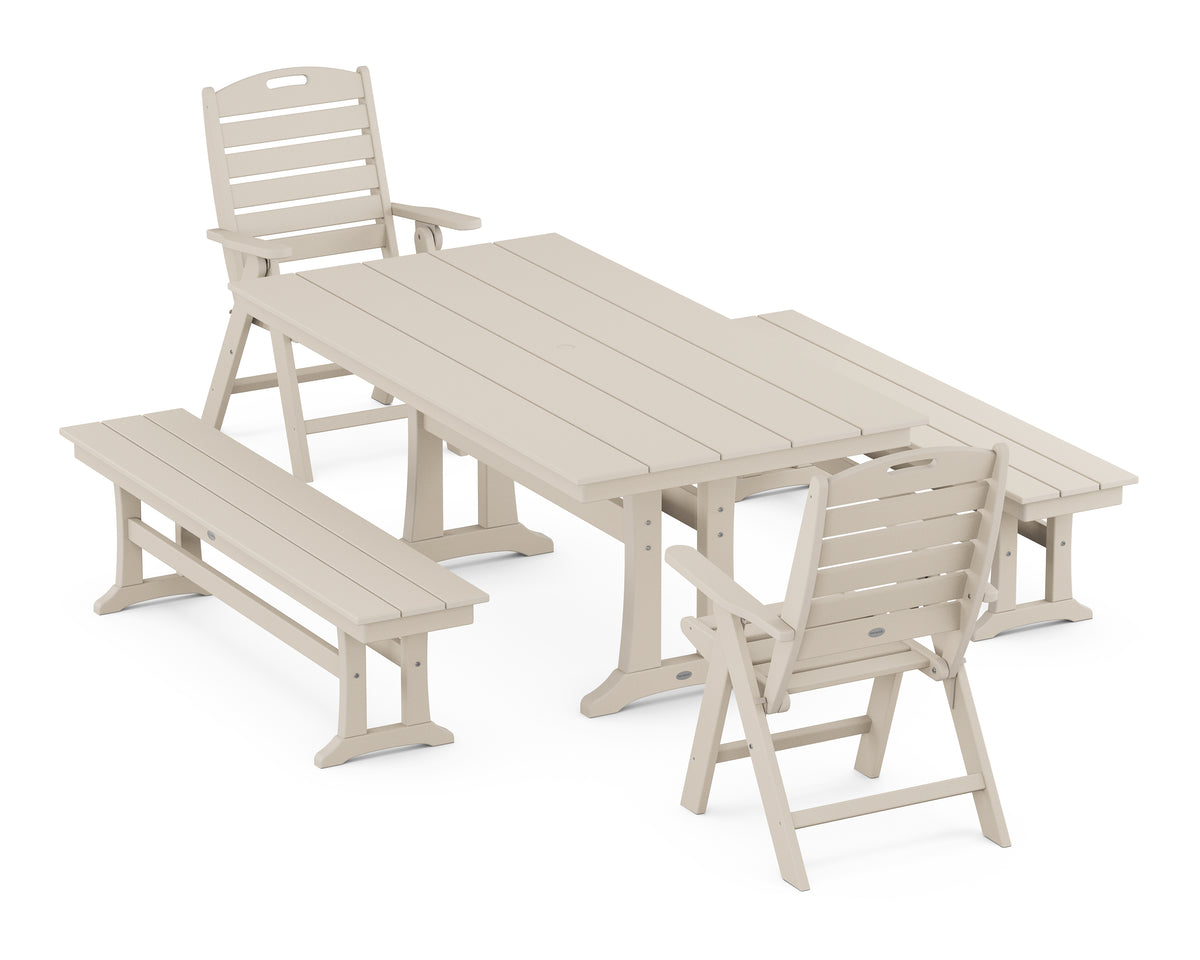 POLYWOOD Nautical Folding Highback Chair 5-Piece Farmhouse Dining Set with Trestle Legs and Benches in Sand
