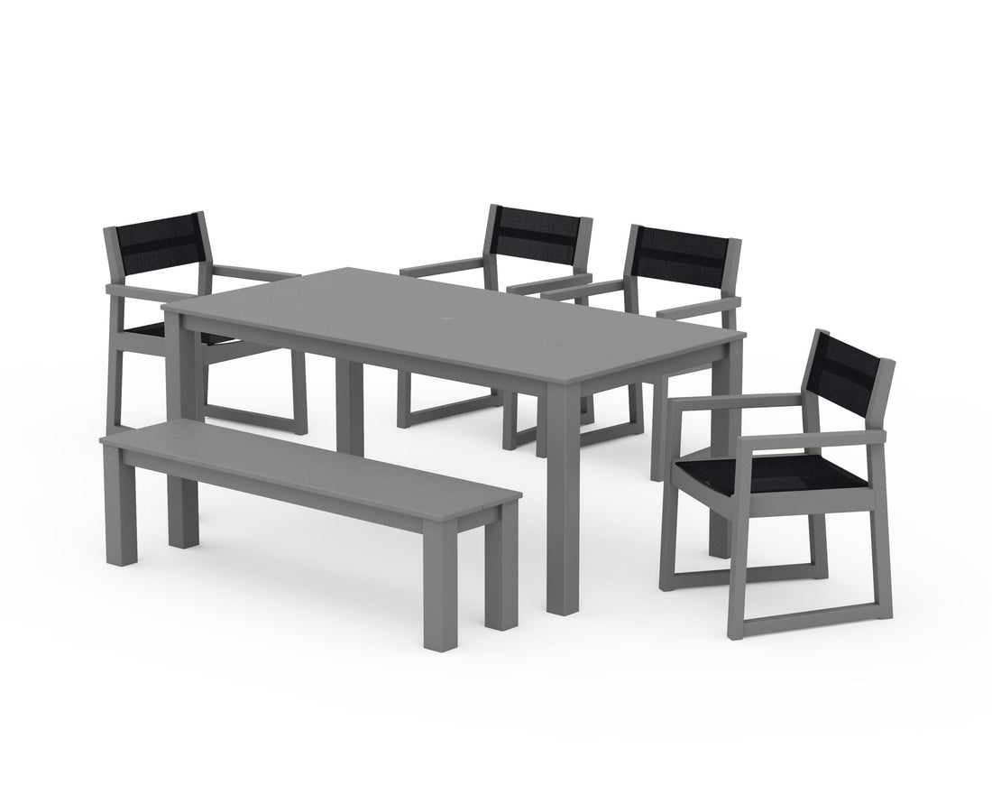 POLYWOOD EDGE Sling Arm Chair 6-Piece Parsons Dining Set with Bench in Slate Grey / Black
