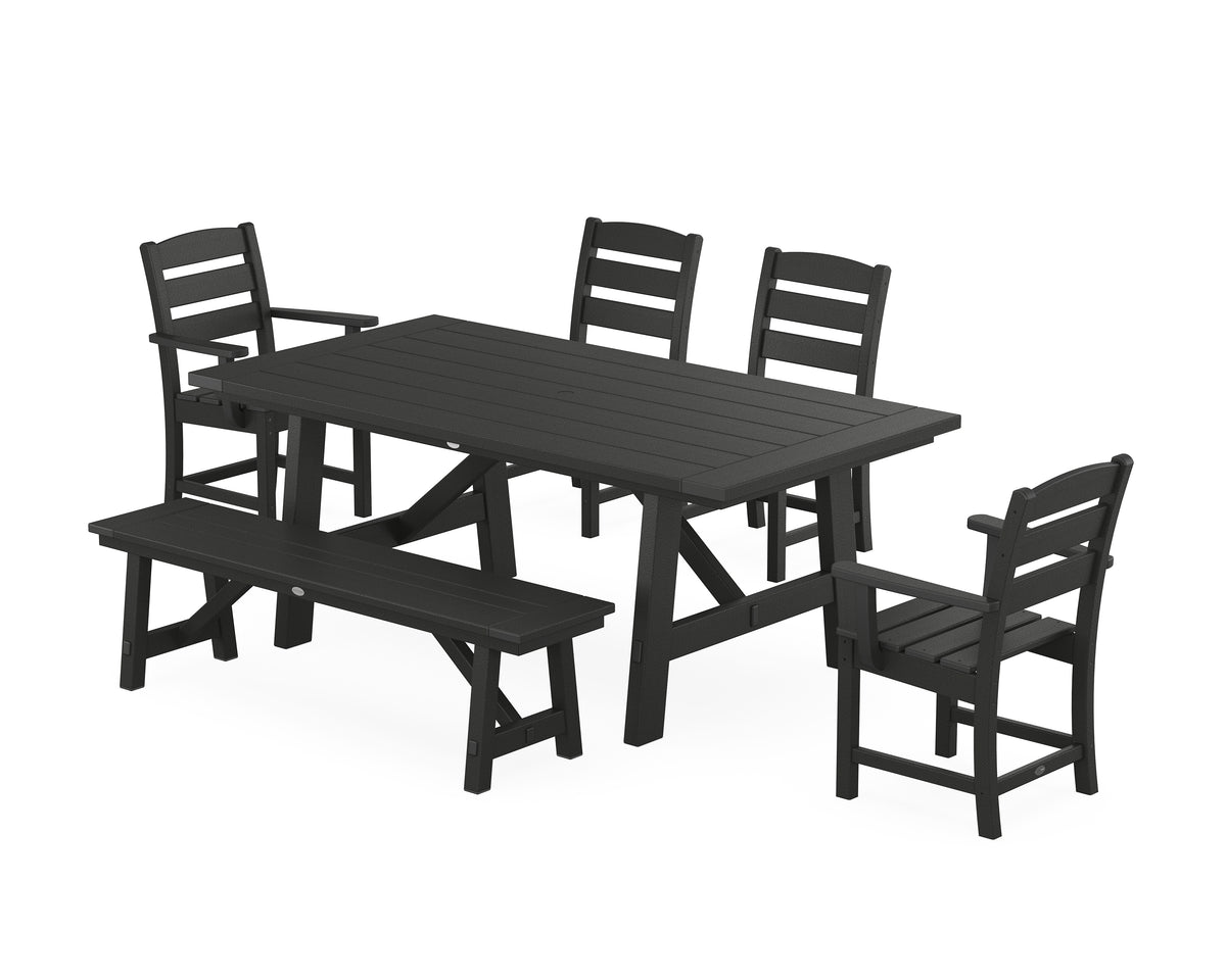 POLYWOOD Lakeside 6-Piece Rustic Farmhouse Dining Set with Bench in Black