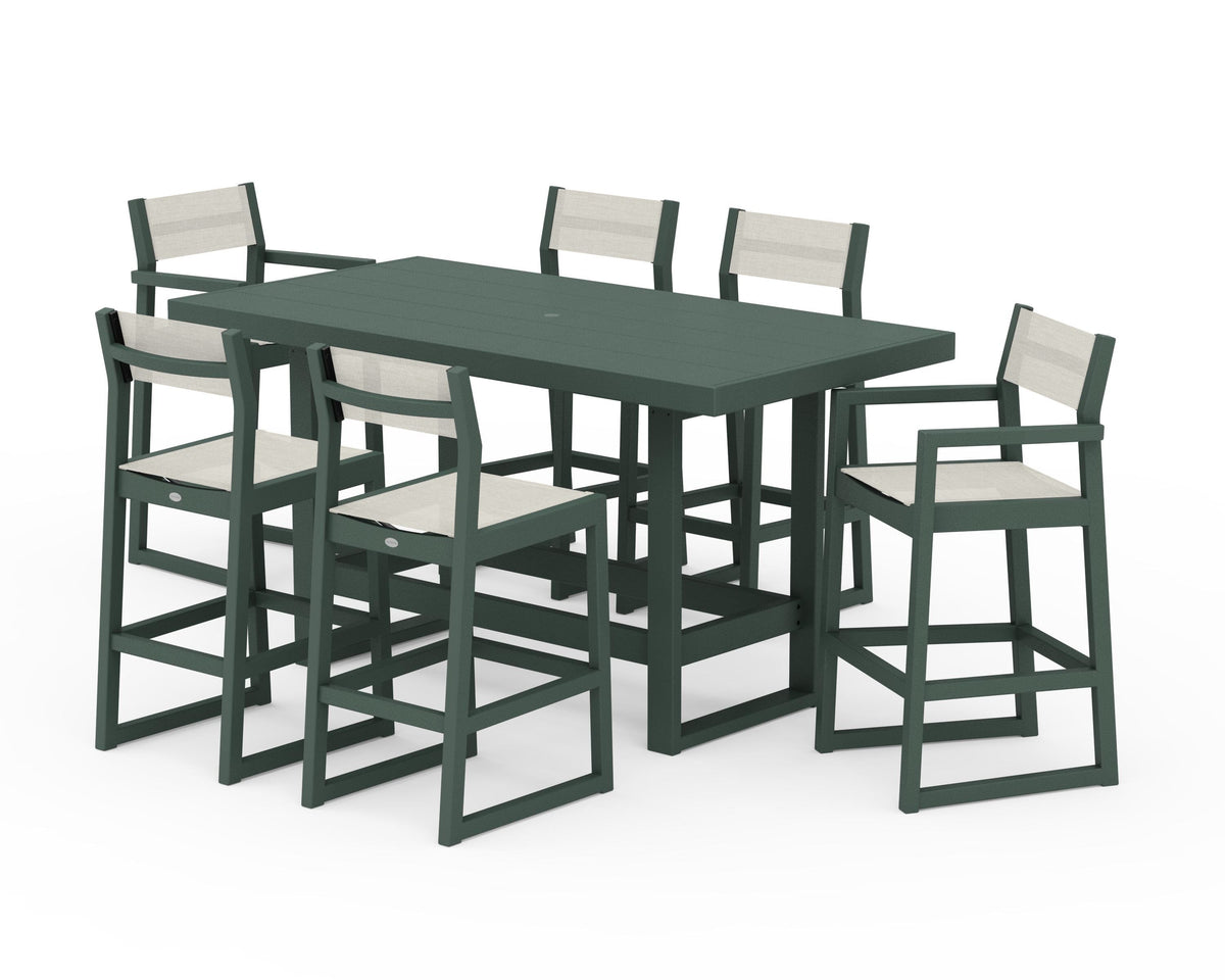 POLYWOOD EDGE Sling 7-Piece Bar Table Set in Green / Parchment