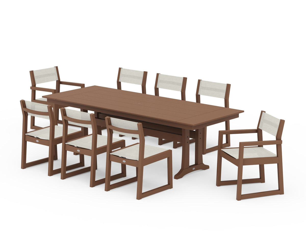 POLYWOOD EDGE Sling 9-Piece Farmhouse Trestle Dining Set in Teak / Parchment